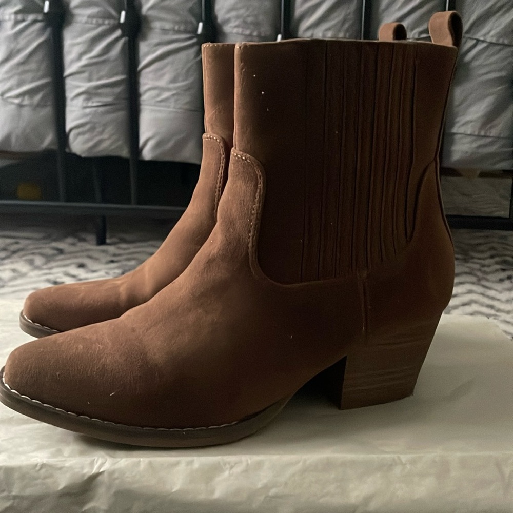 Brown suede cowboy ankle boots